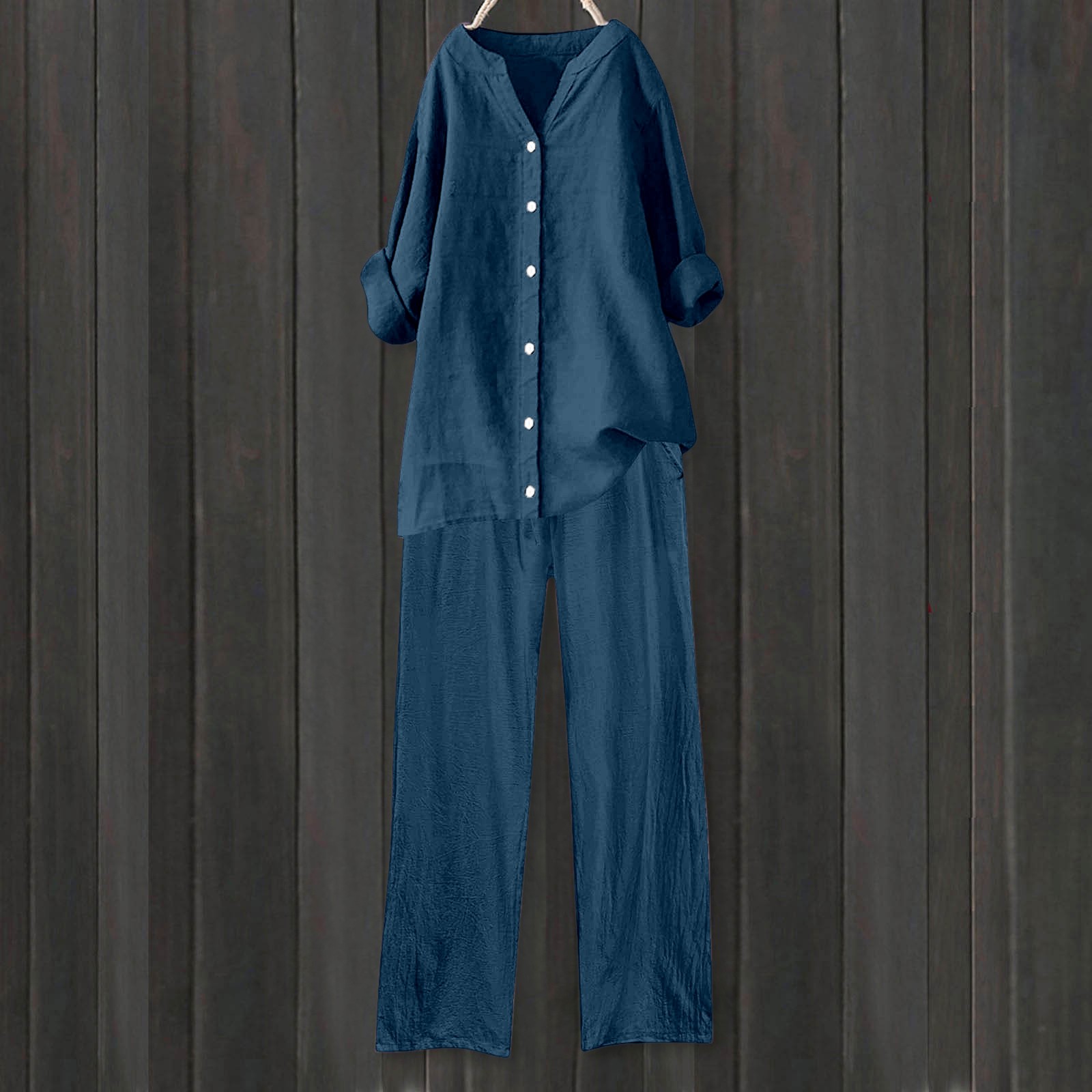 thumbnail image 4 of Conjuntos de 2 piezas para mujer: blusa de pierna ancha y pantalones elásticos. Camisa informal con cuello en V y bolsillos. Ropa urbana para todas las estaciones., 4 of 4
